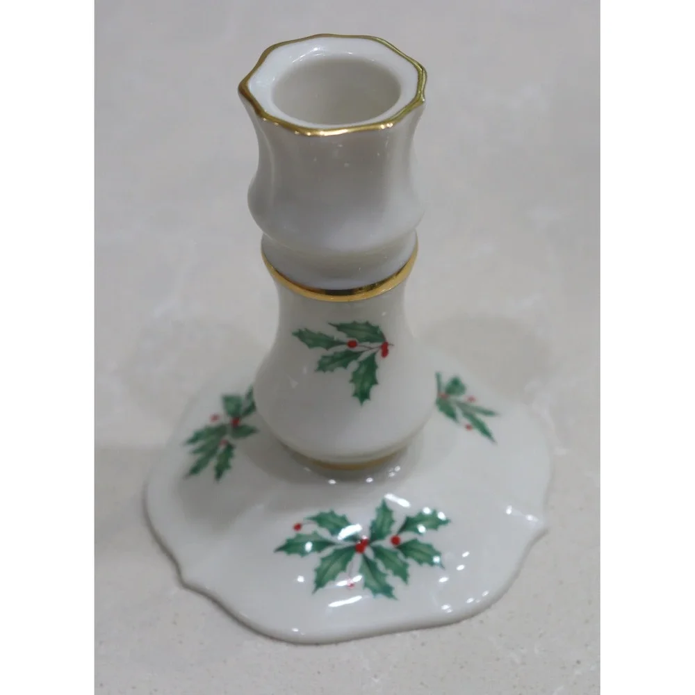 Lenox Holiday Candlestick Holder Holly Berry Gold Trim Ivory China Made in USA